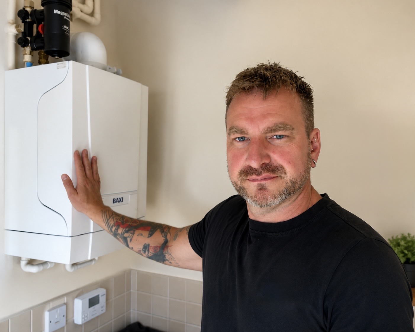 Nick James, Gas Safe registered heating engineer, beside a Baxi combi boiler in Weston-super-Mare